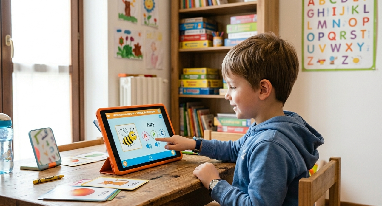 Bambino che fa logopedia online con il tablet